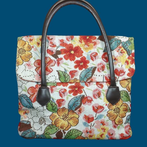 Sander Bags & More Vtg Red Floral Tapestry Tote Bag/Purse Brown Leather Handles - Picture 1 of 7